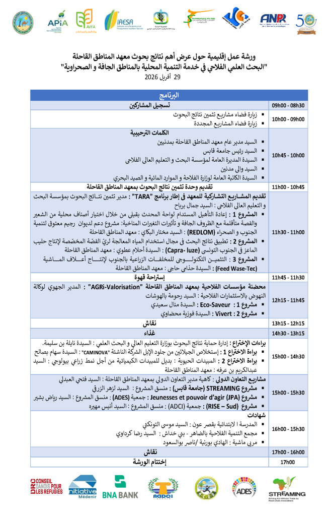 ورشة عمل إقليمية حول عرض أهم نتائج بحوث معهد المناطق القاحلة  » البحث العلمي الفلاحي في خدمة التنمية المحلية بالمناطق الجافة والصحراوية