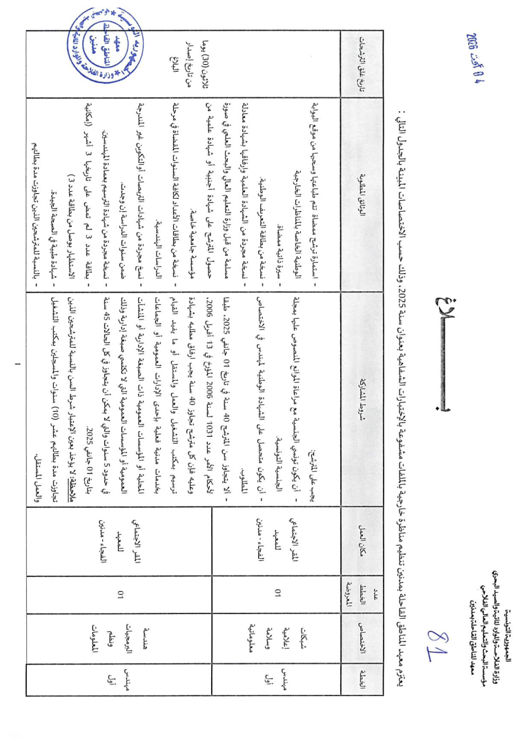بـلاغ يعتزم معهد المناطق القاحلة بمدنين تنظيم مناظرة خارجية بالملفات مشفوعة بالاختبارات الشفاهية بعنوان سنة 2025 ، وذلك حسب الاختصاصات المبينة بالجدول التالي: