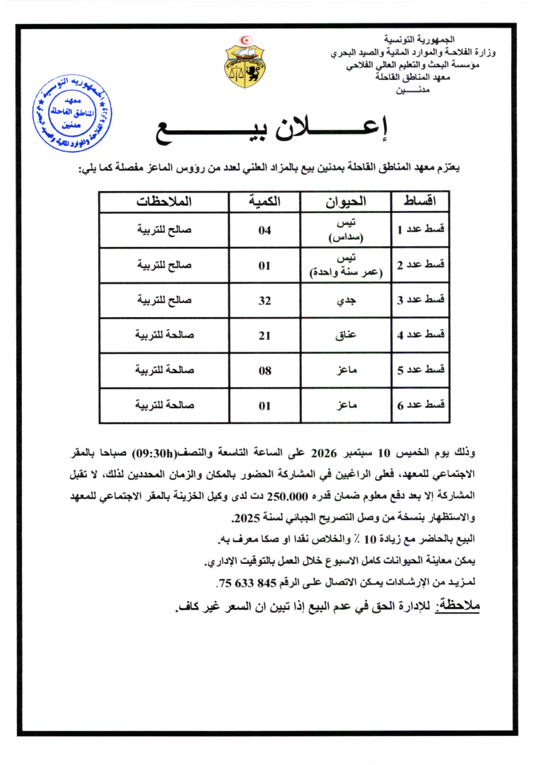 إعلان بــيـع : يــعتزم معهد المناطق القاحلة بمدنين بيع بالمزاد العلني لعدد من رؤوس الماعز مفصلة كـما يلي
